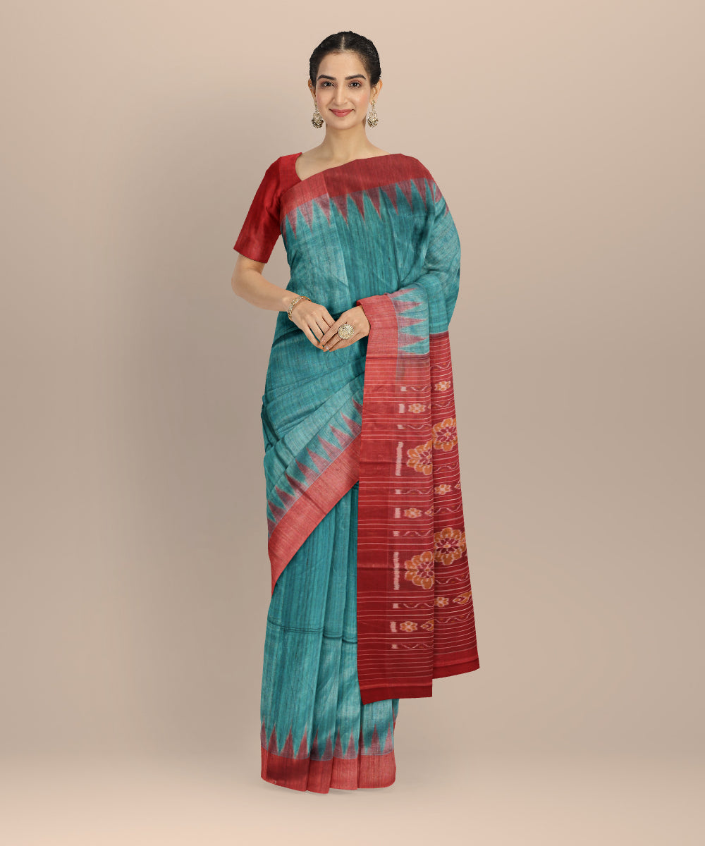 Sky blue red tussar silk handwoven gopalpur saree