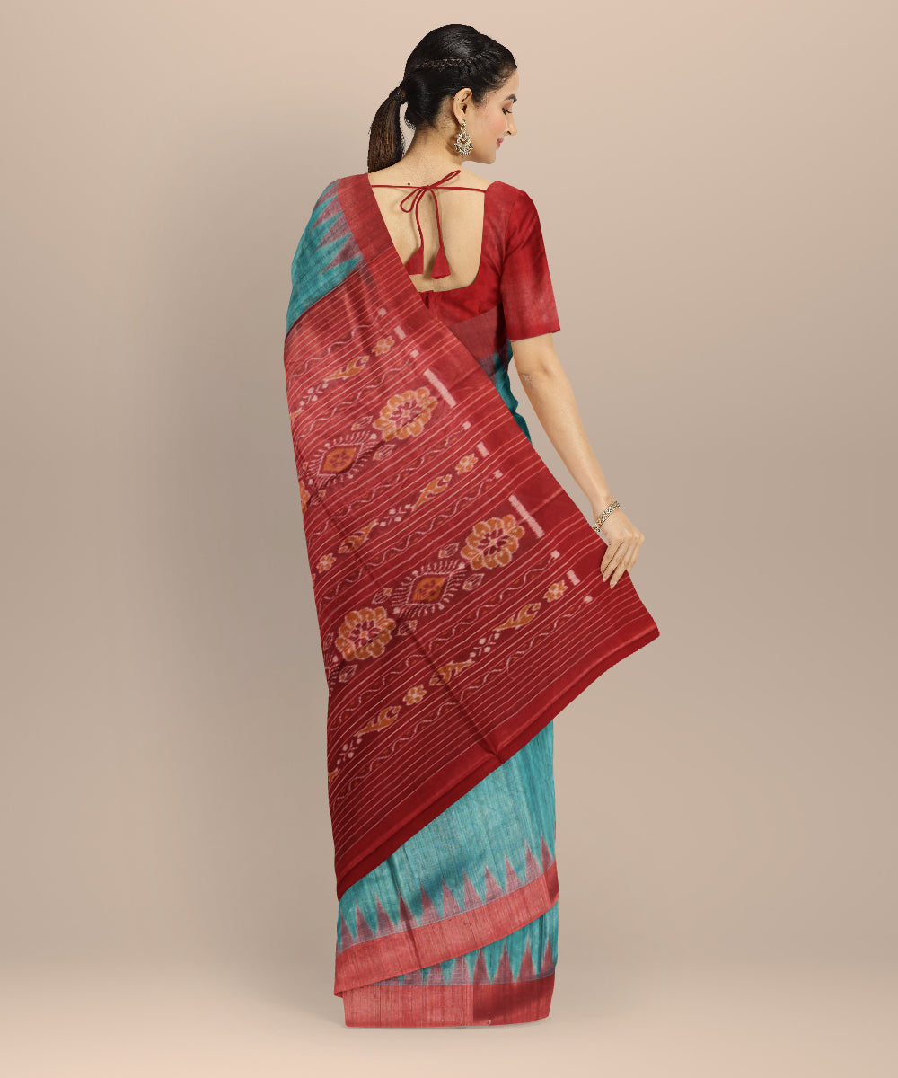 Sky blue red tussar silk handwoven gopalpur saree