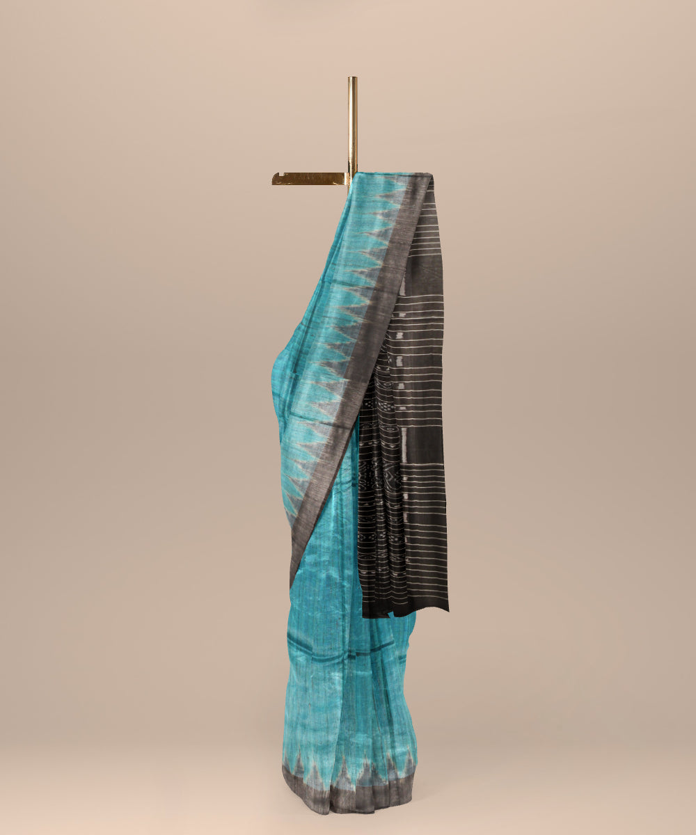 Sky blue black tussar silk gopalpur handwoven saree