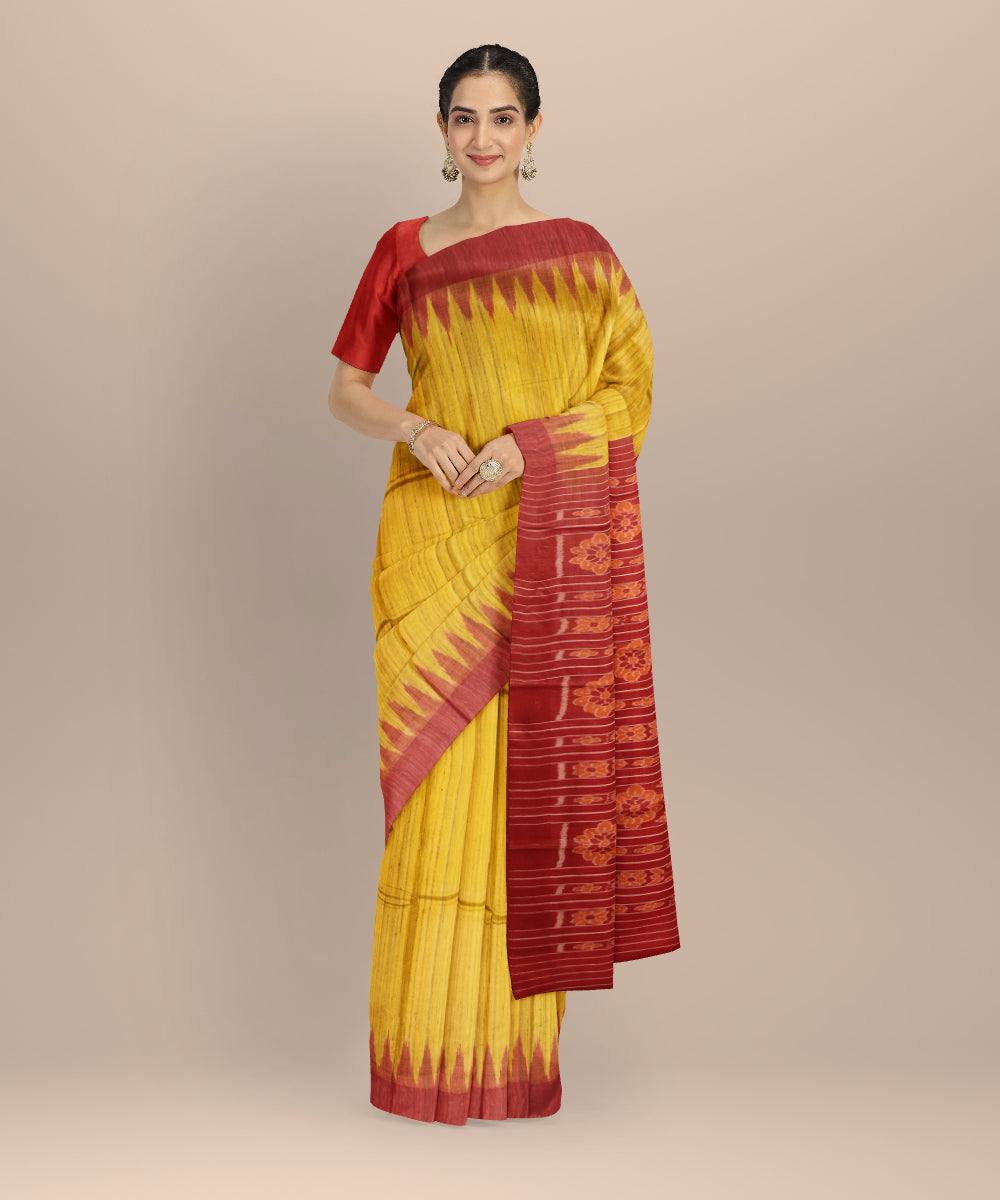 Yellow red tussar silk handwoven gopalpur saree