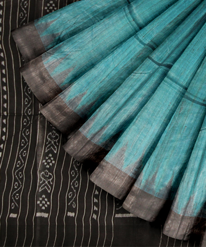 Sky blue black tussar silk handwoven gopalpur saree