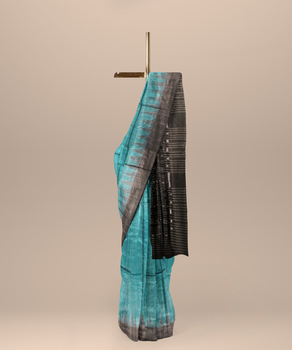 Sky blue black tussar silk handwoven gopalpur saree