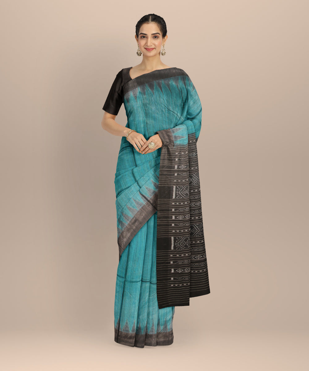 Sky blue black tussar silk handwoven gopalpur saree