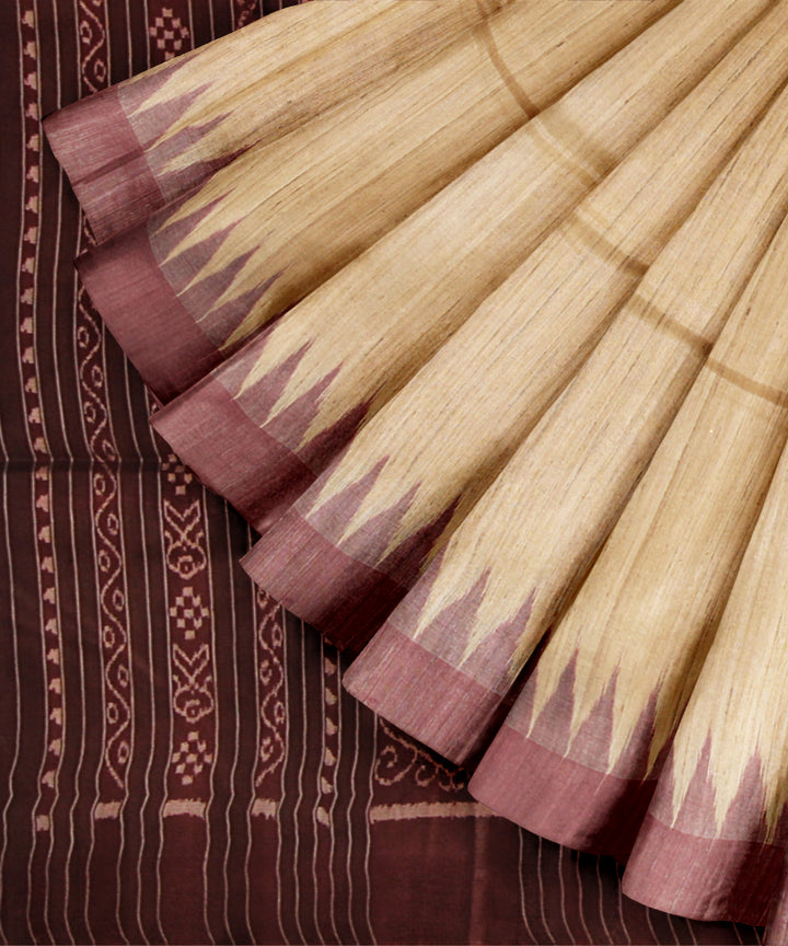 Beige maroon gopalpur tussar silk handwoven saree