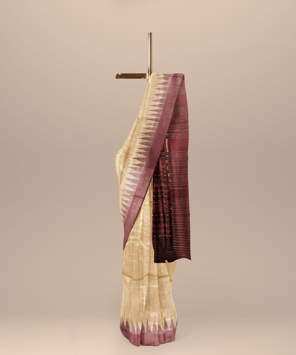 Beige maroon gopalpur tussar silk handwoven saree