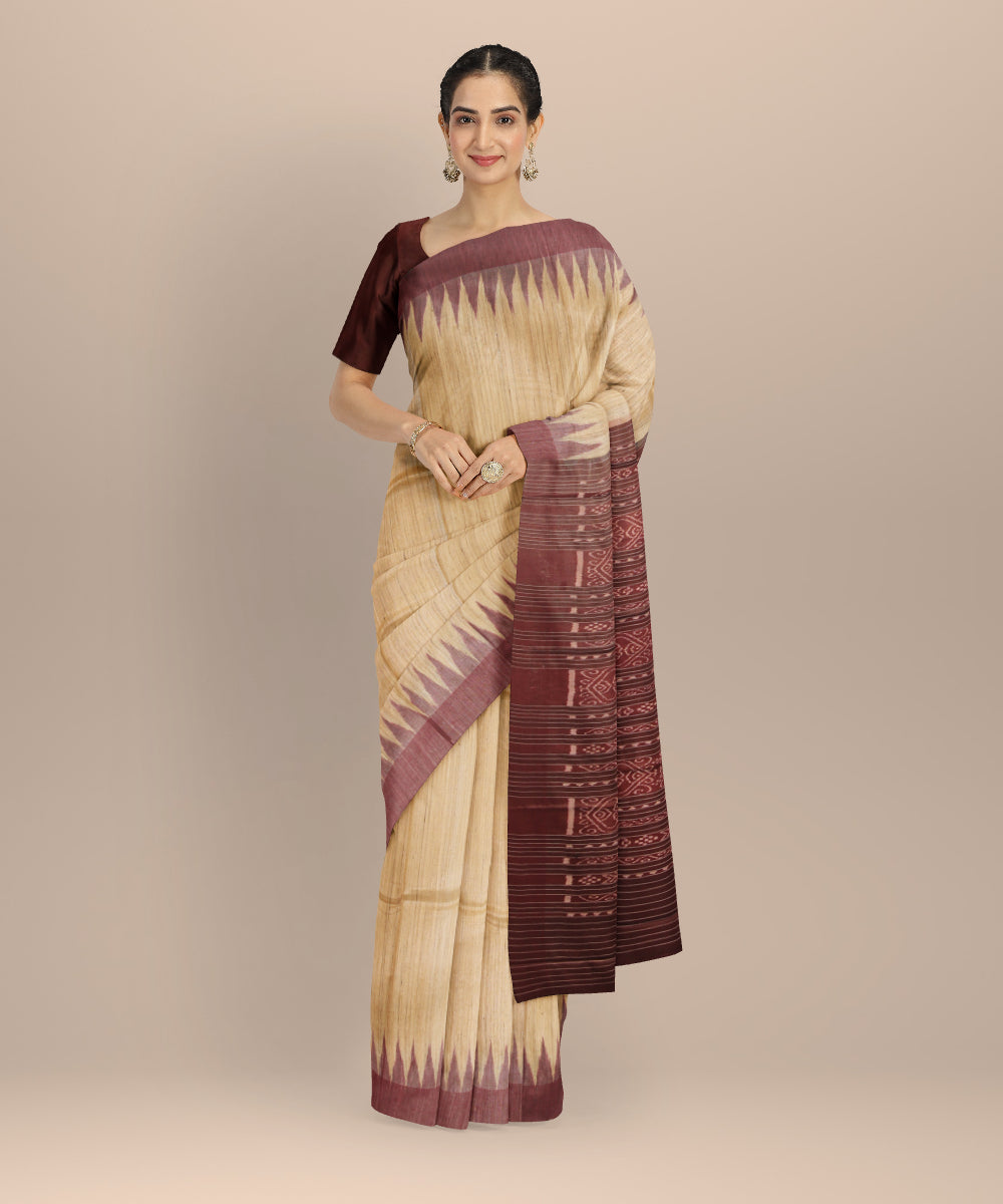 Beige maroon gopalpur tussar silk handwoven saree