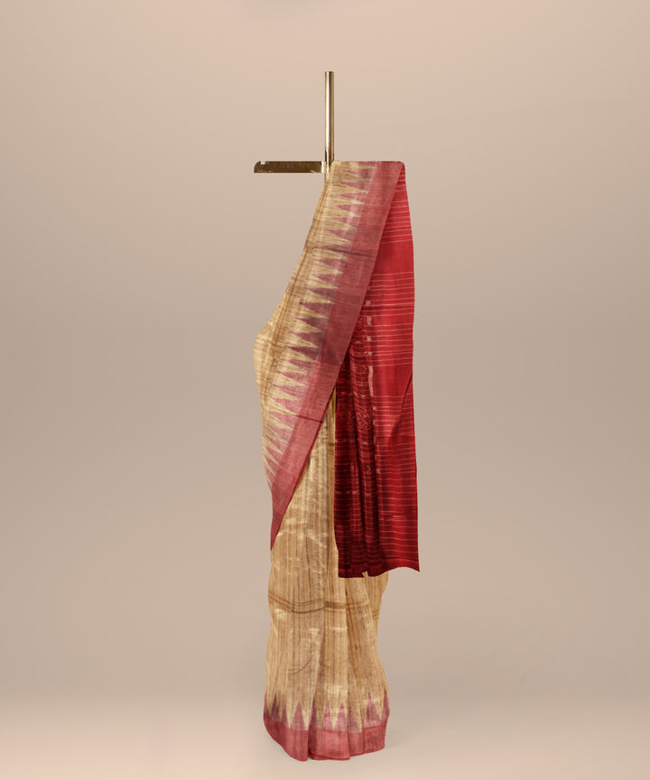 Beige red tussar silk handloom gopalpur saree