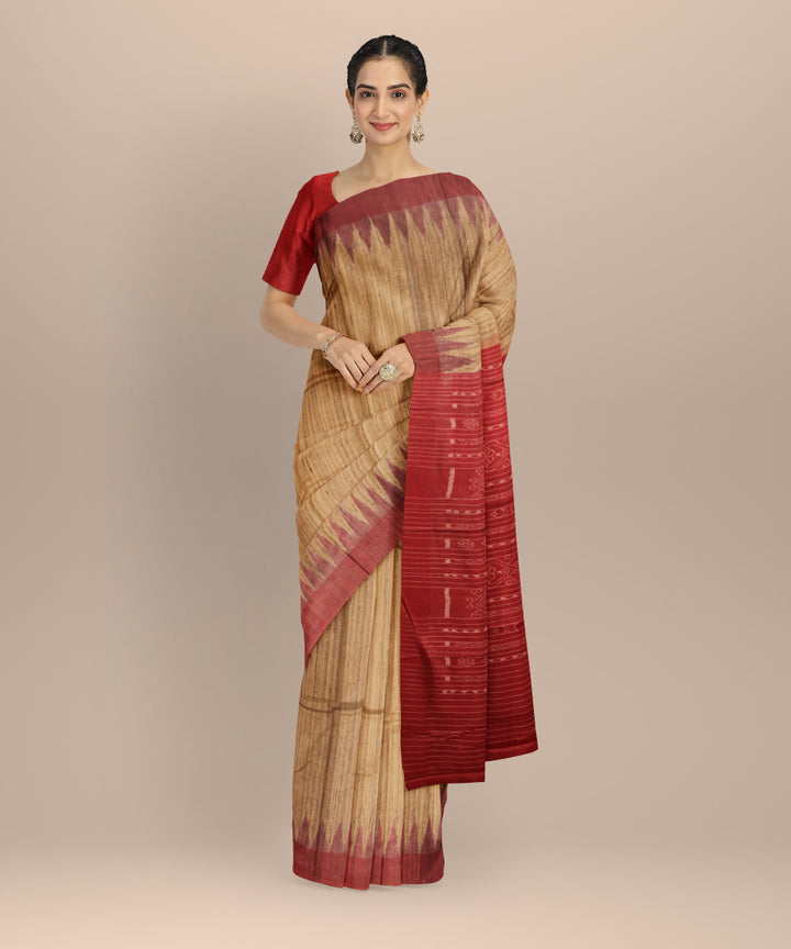 Beige red tussar silk handloom gopalpur saree