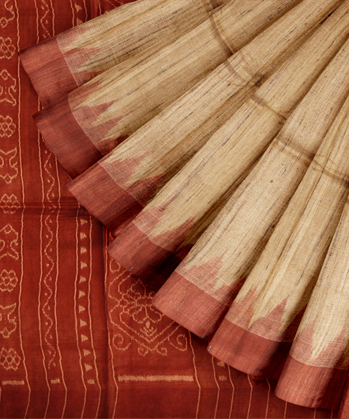 Beige bricks red tussar silk handwoven gopalpur saree