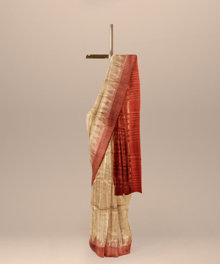 Beige bricks red tussar silk handwoven gopalpur saree