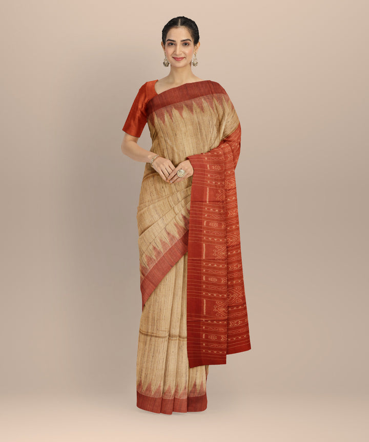 Beige bricks red tussar silk handwoven gopalpur saree