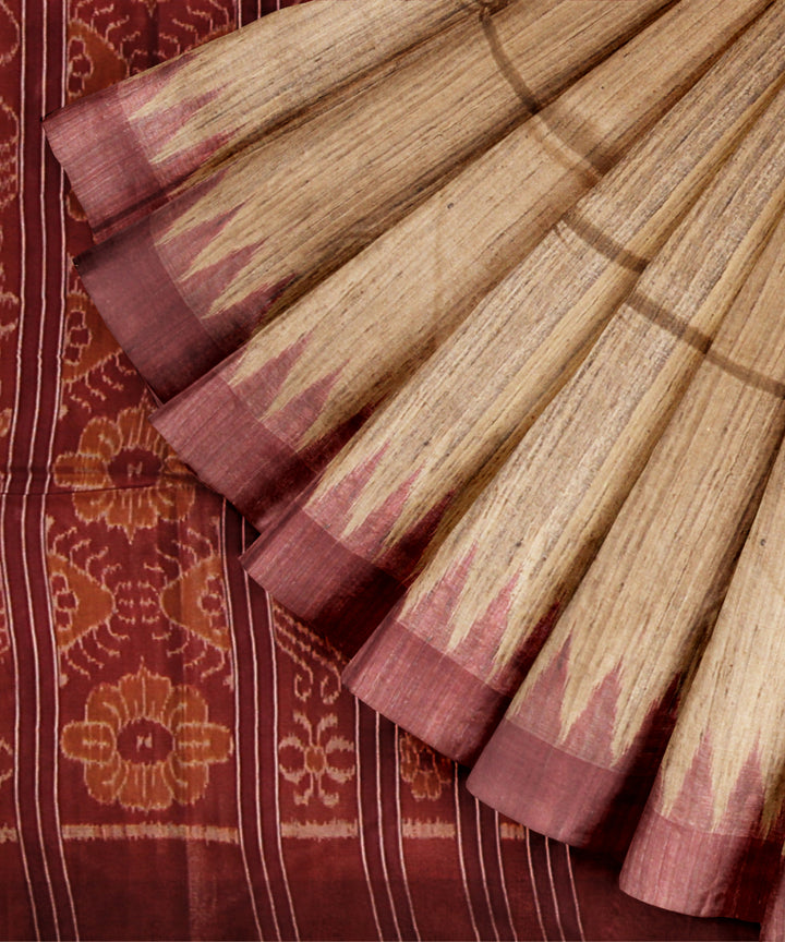 Beige maroon tussar silk gopalpur handwoven saree