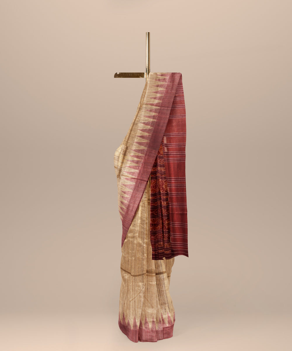 Beige maroon tussar silk gopalpur handwoven saree