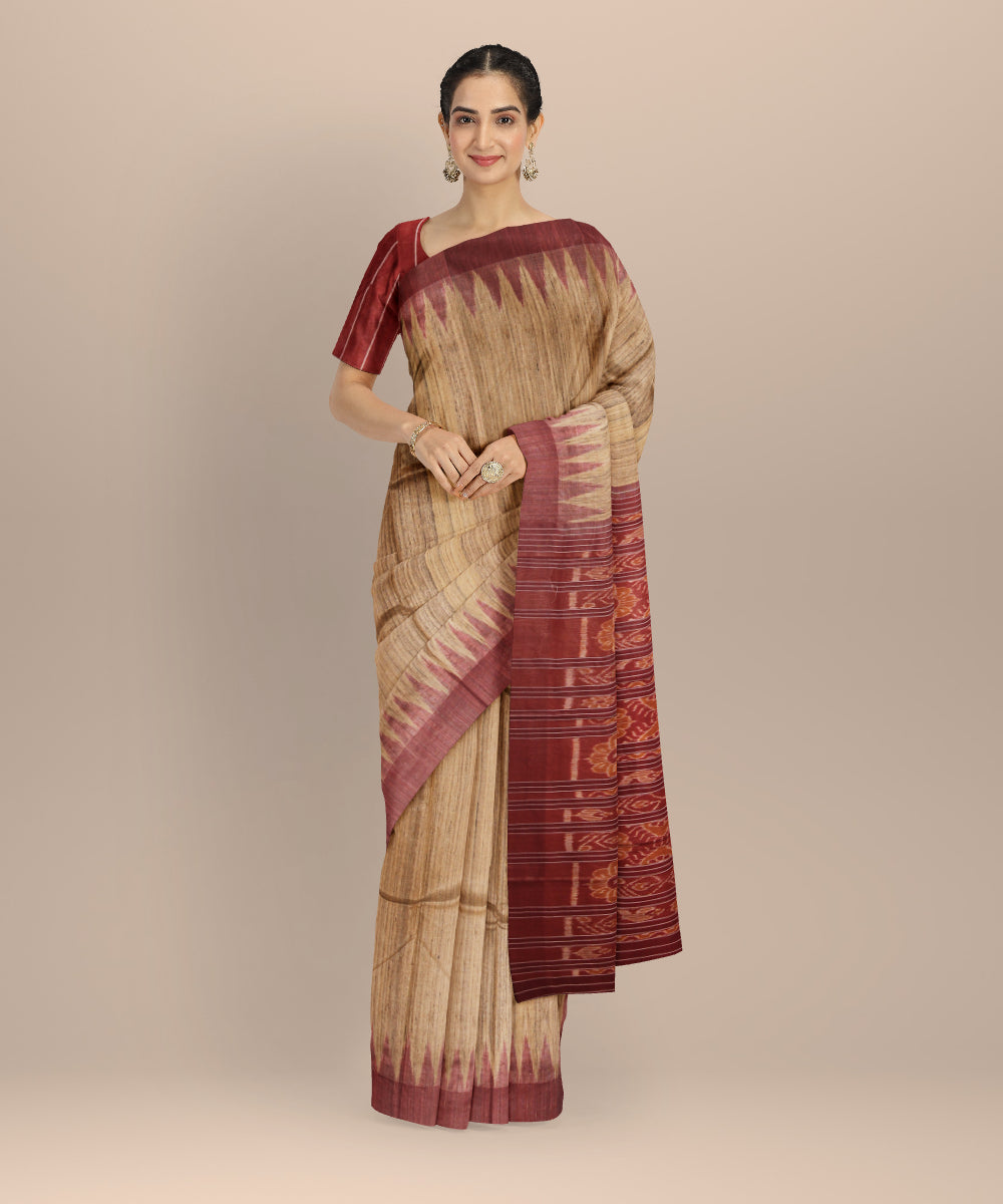 Beige maroon tussar silk gopalpur handwoven saree