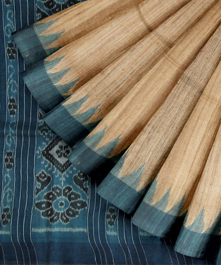 Beige sky blue handwoven tussar silk gopalpur saree