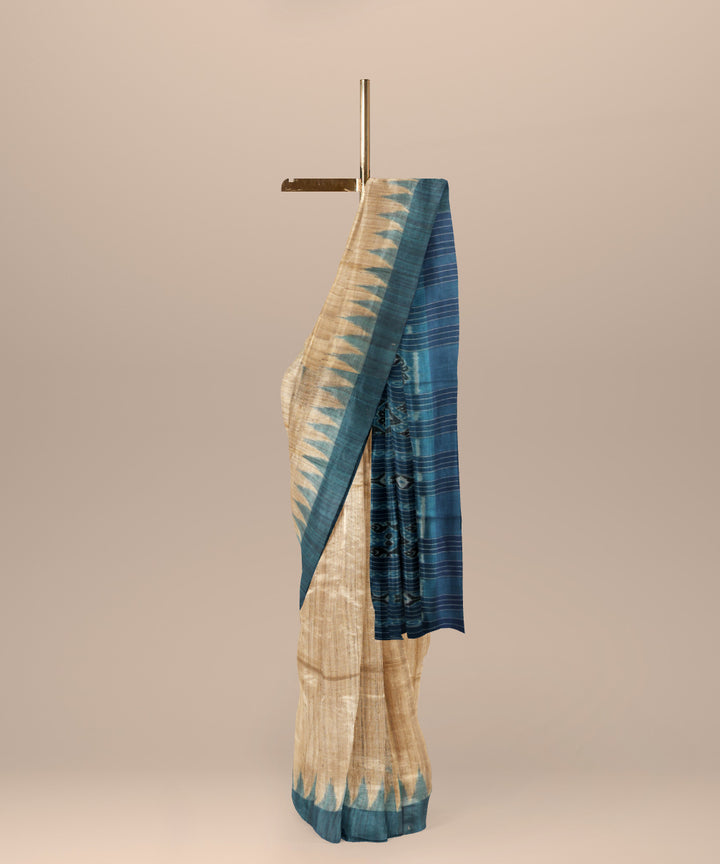 Beige sky blue handwoven tussar silk gopalpur saree