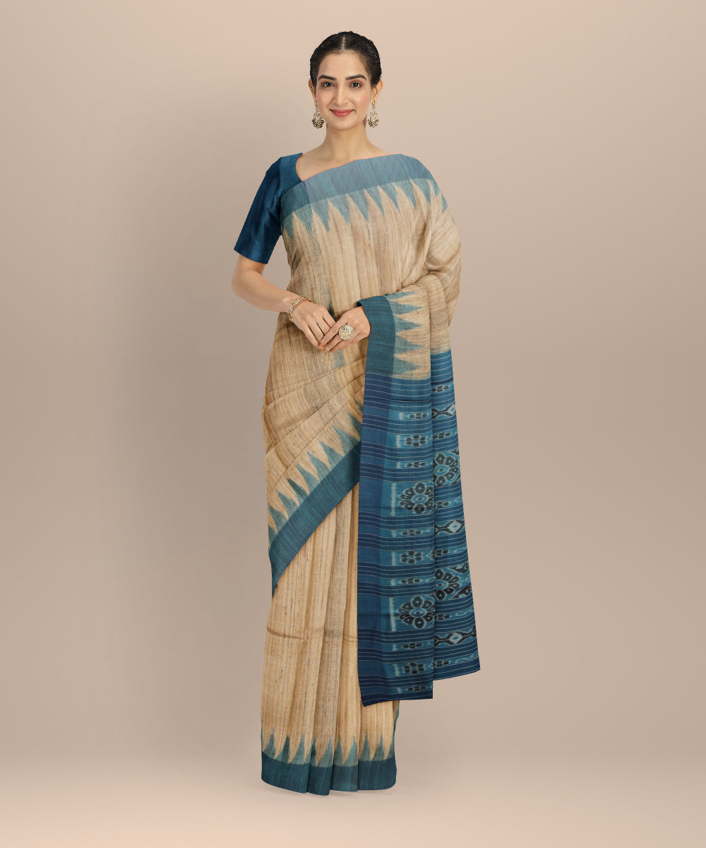 Beige sky blue handwoven tussar silk gopalpur saree