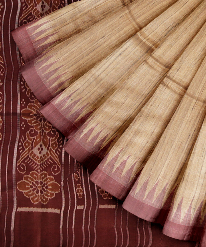 Beige maroon tussar silk handloom gopalpur saree