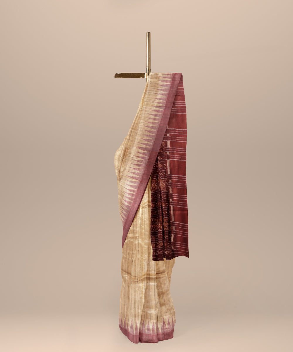 Beige maroon tussar silk handloom gopalpur saree