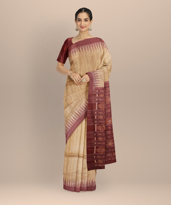 Beige maroon tussar silk handloom gopalpur saree