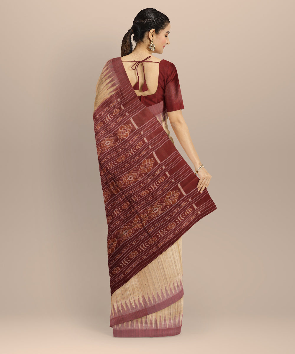 Beige maroon tussar silk handloom gopalpur saree