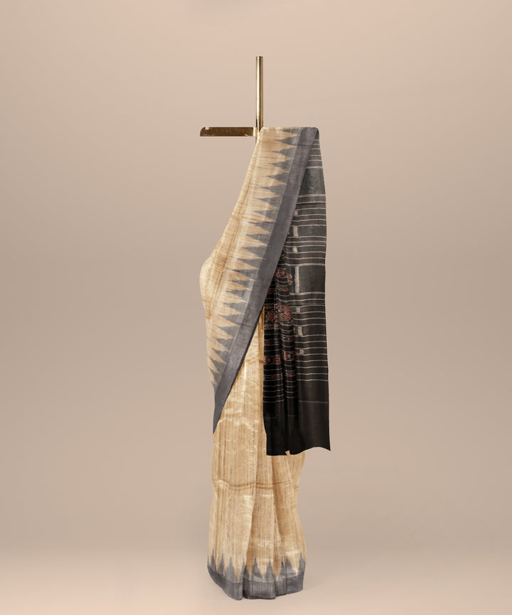 Beige black handwoven tussar silk gopalpur saree