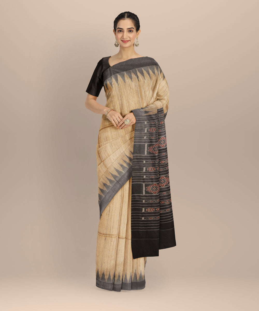 Beige black handwoven tussar silk gopalpur saree