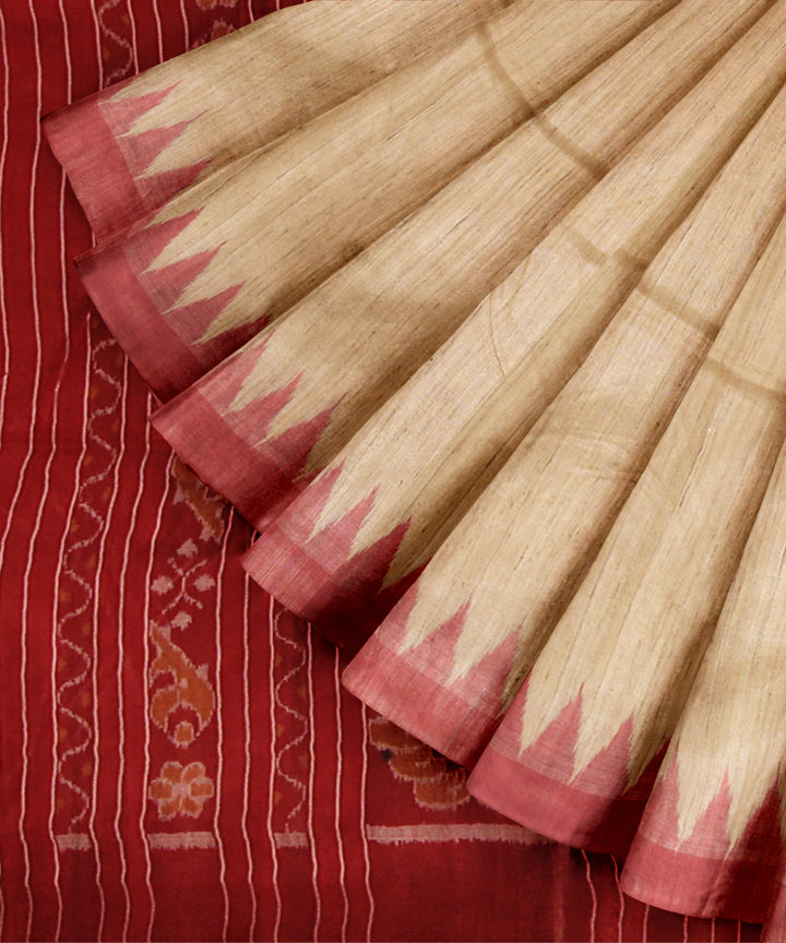 Beige red tussar silk gopalpur handwoven saree