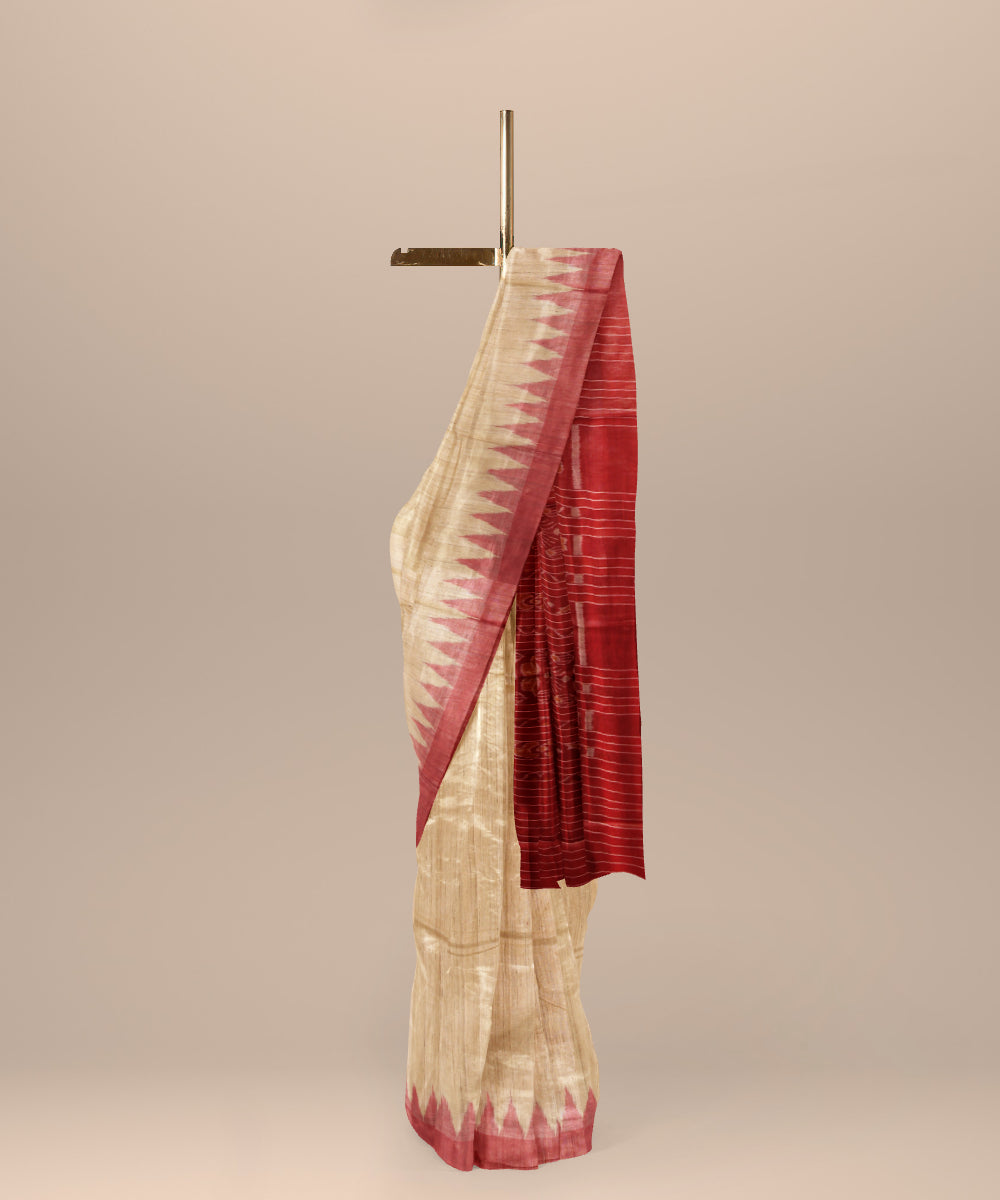 Beige red tussar silk gopalpur handwoven saree