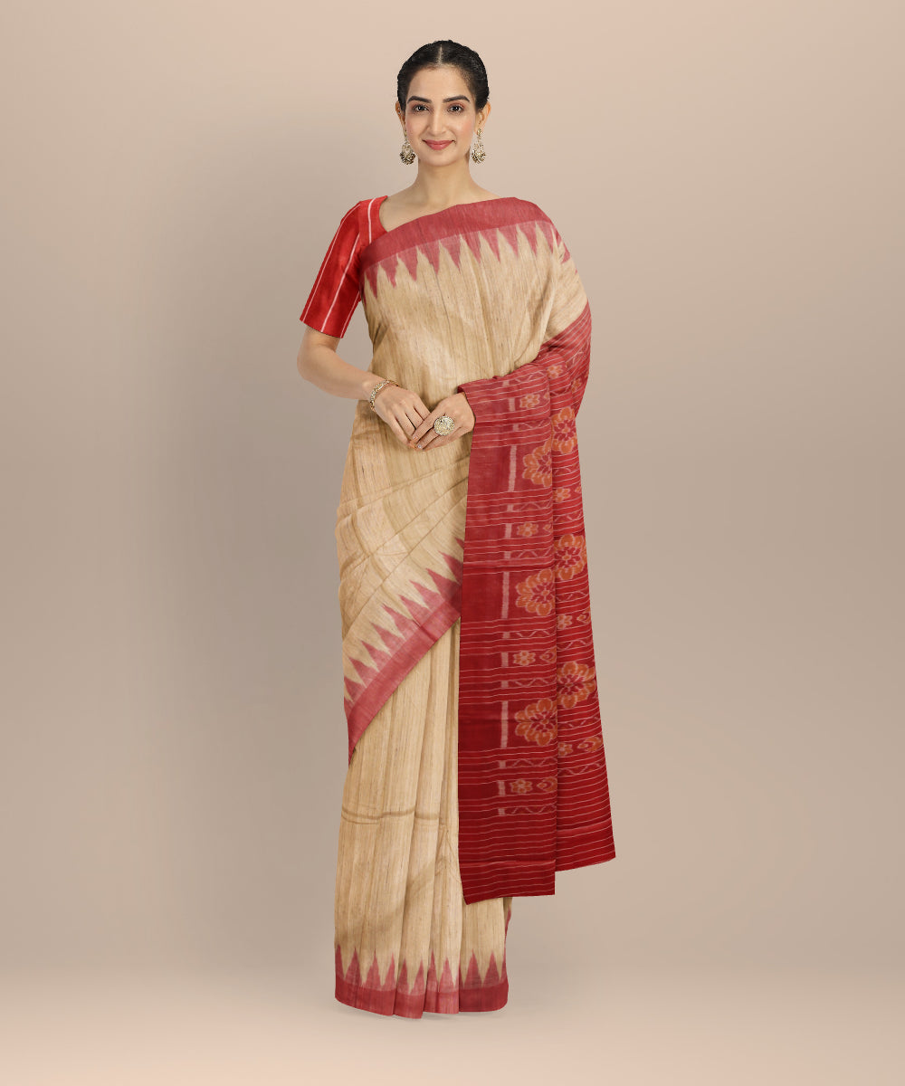 Beige red tussar silk gopalpur handwoven saree