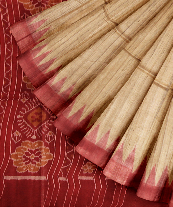 Beige red tussar silk handwoven gopalpur saree