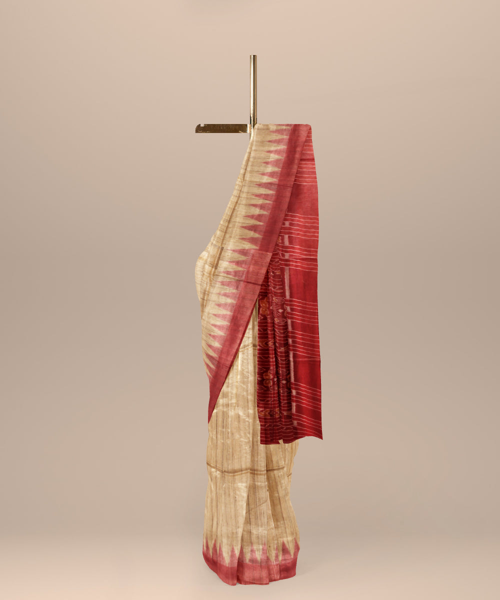 Beige red tussar silk handwoven gopalpur saree