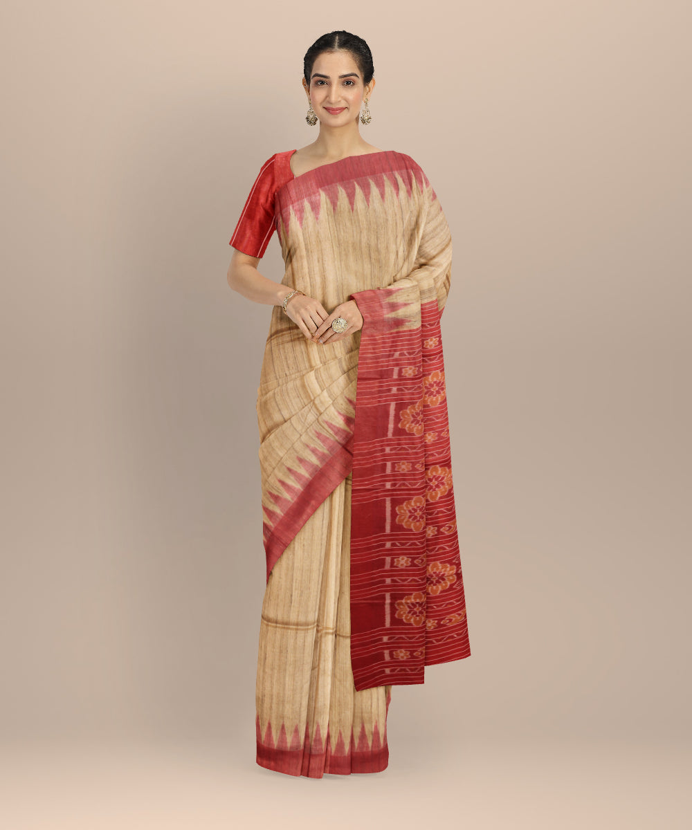 Beige red tussar silk handwoven gopalpur saree