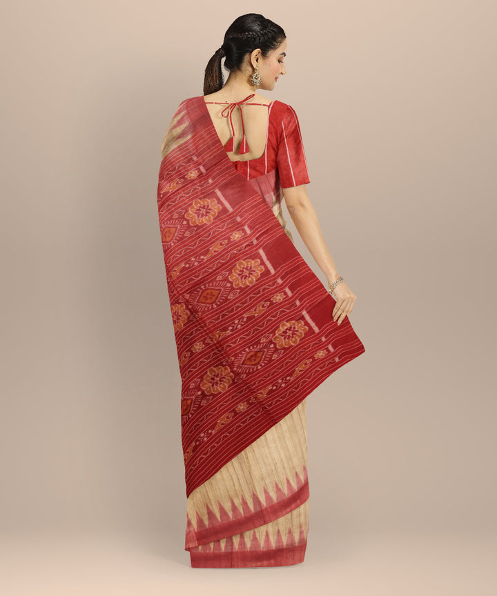 Beige red tussar silk handwoven gopalpur saree