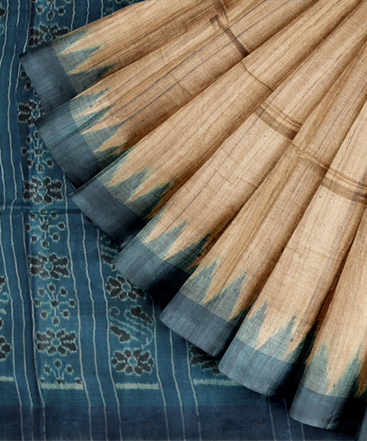 Beige sky blue tussar silk handwoven gopalpur saree