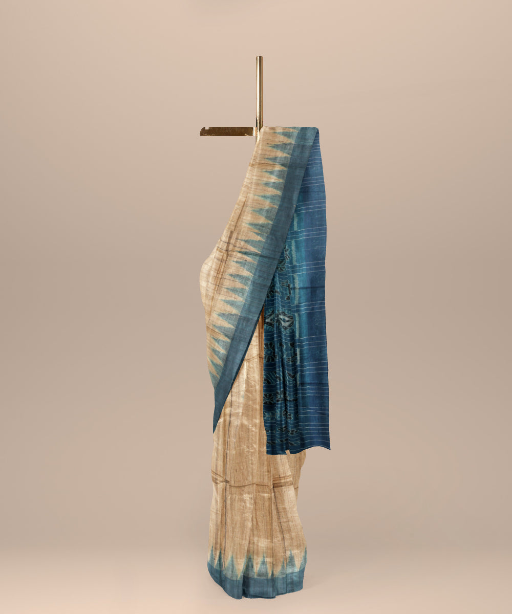 Beige sky blue tussar silk handwoven gopalpur saree