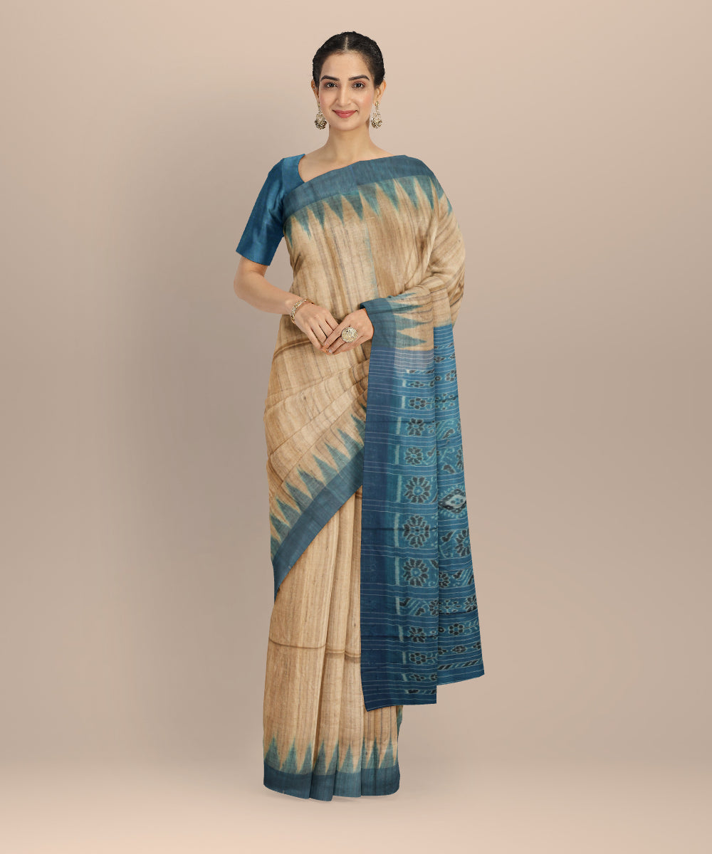 Beige sky blue tussar silk handwoven gopalpur saree