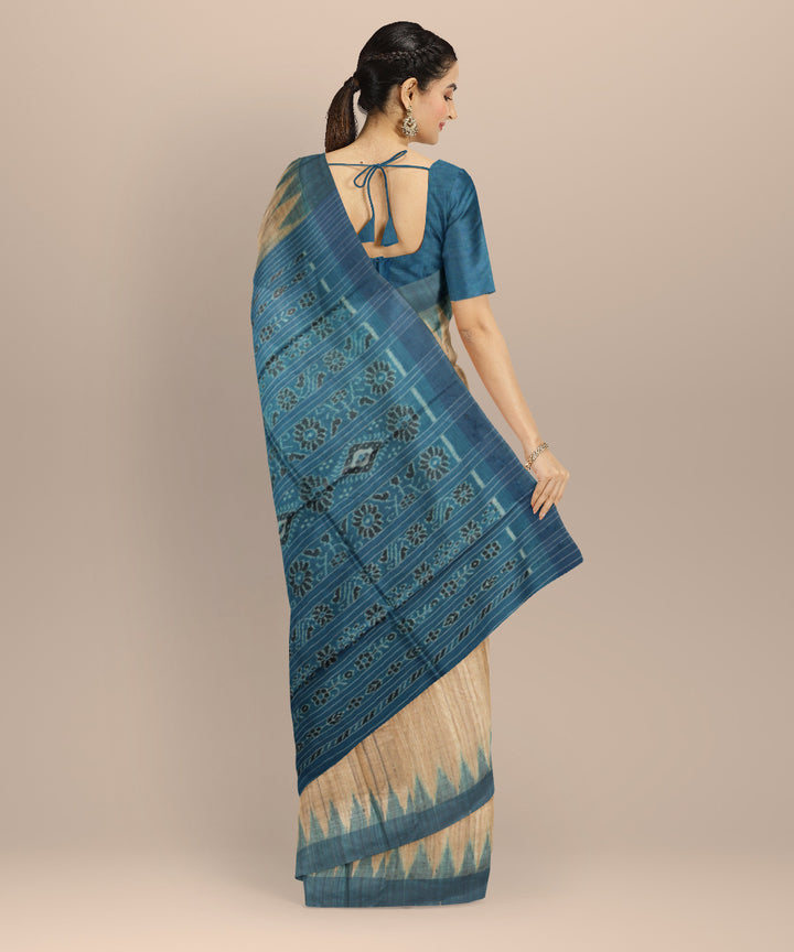 Beige sky blue tussar silk handwoven gopalpur saree