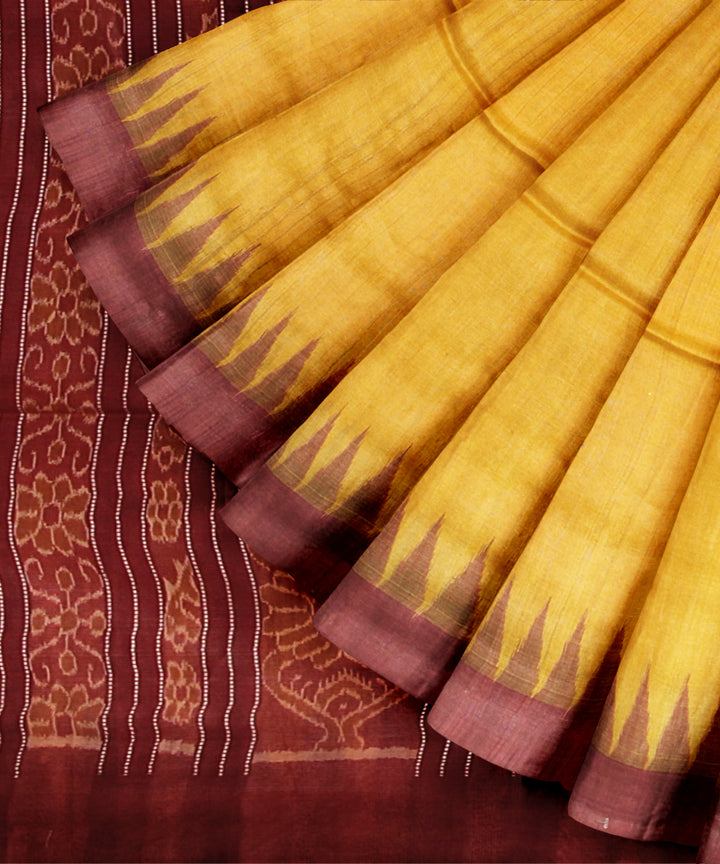 Yellow maroon tussar silk handwoven gopalpur saree