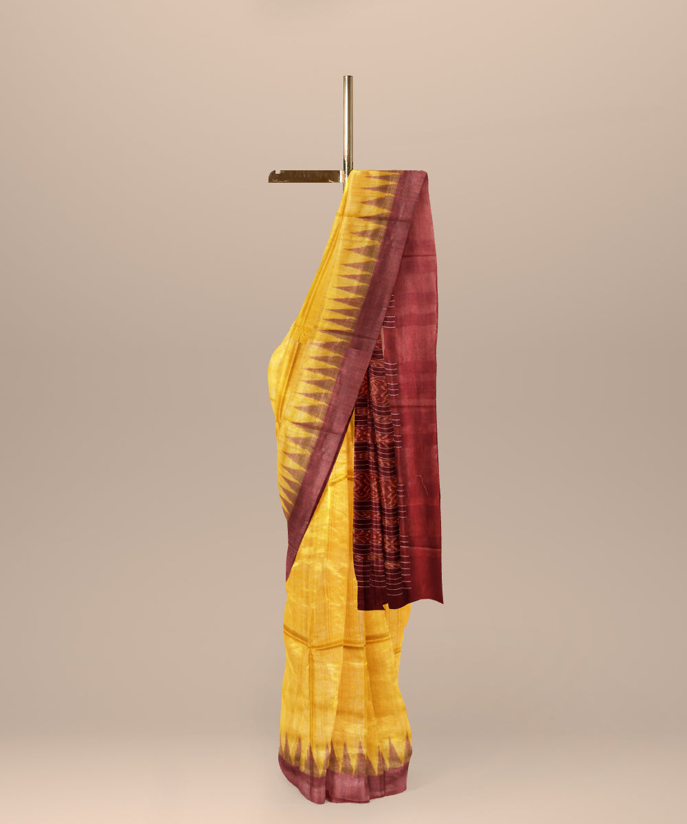 Yellow maroon tussar silk handwoven gopalpur saree