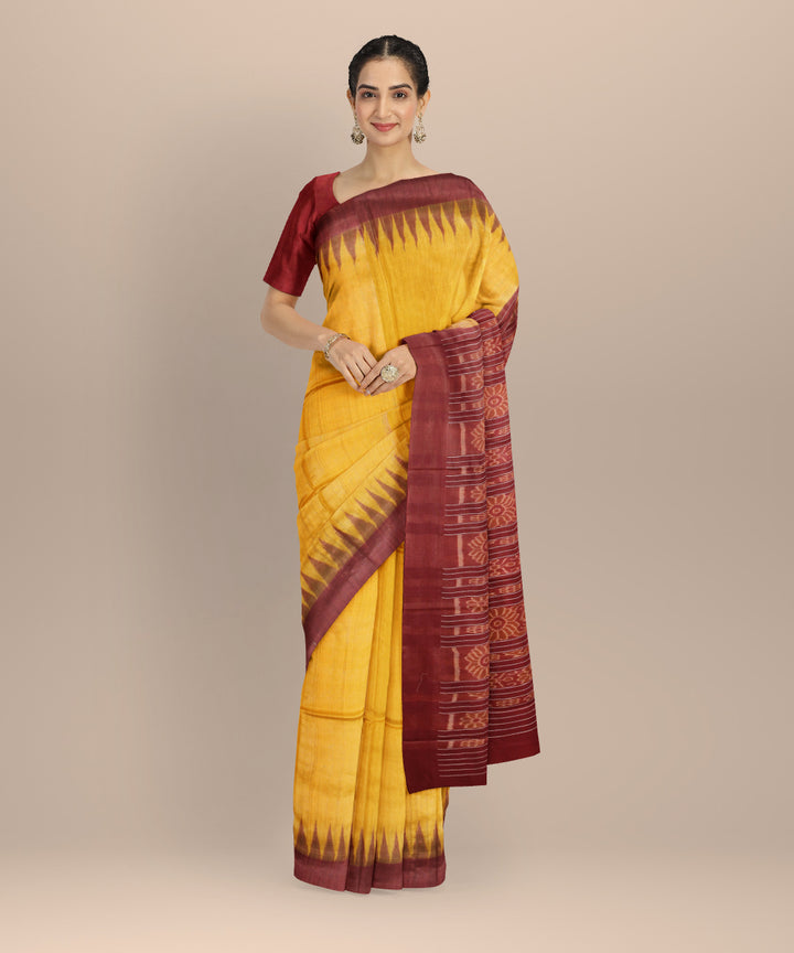 Yellow maroon tussar silk handwoven gopalpur saree