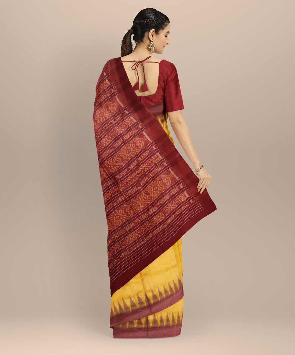 Yellow maroon tussar silk handwoven gopalpur saree