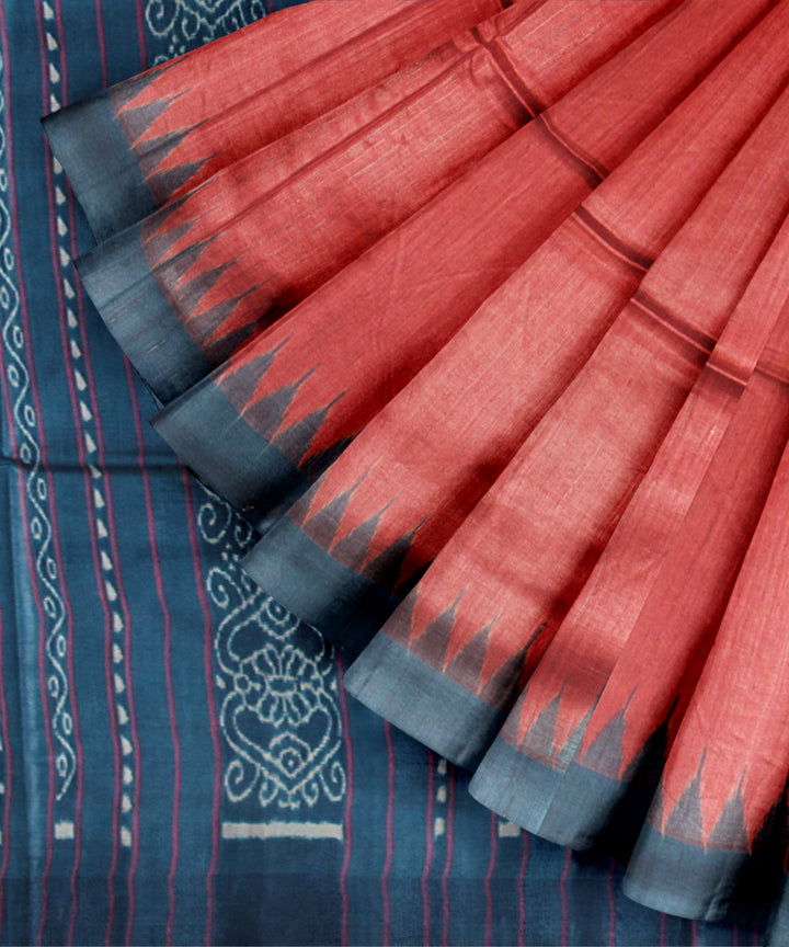 Red sky blue tussar silk handwoven gopalpur saree