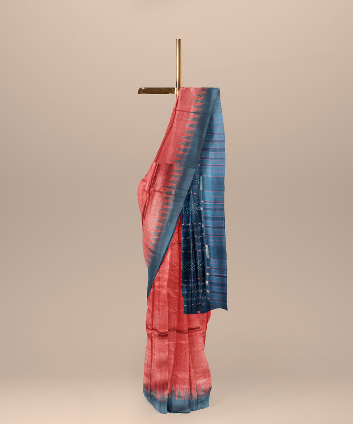 Red sky blue tussar silk handwoven gopalpur saree