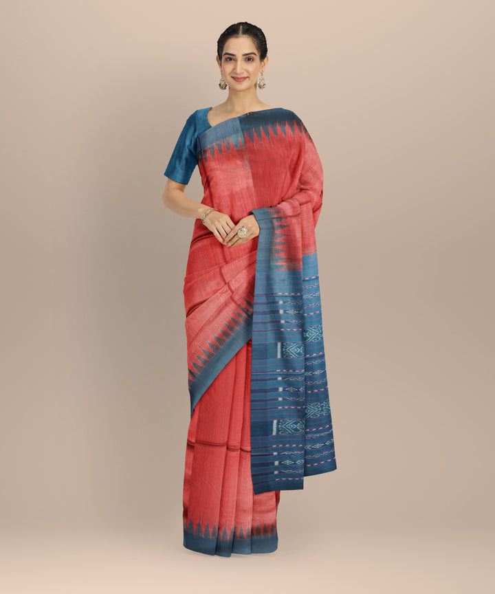 Red sky blue tussar silk handwoven gopalpur saree