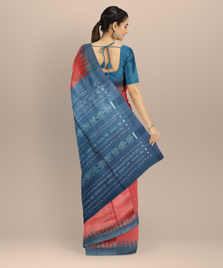 Red sky blue tussar silk handwoven gopalpur saree