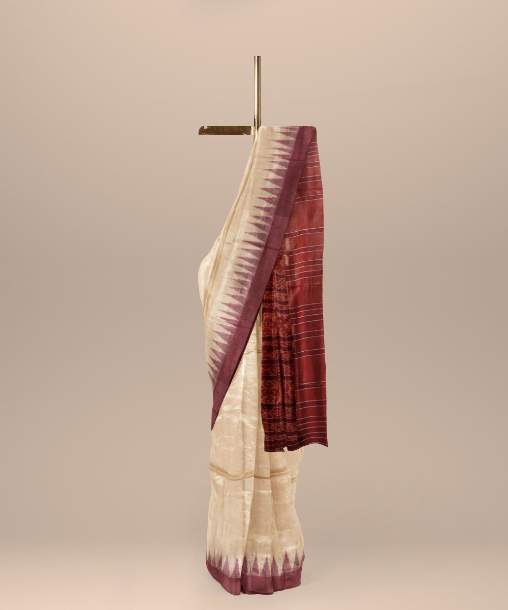 Beige maroon tussar silk handloom gopalpur saree