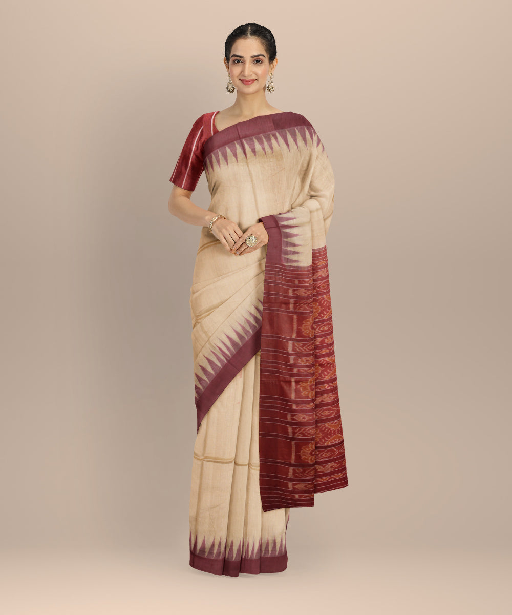 Beige maroon tussar silk handloom gopalpur saree