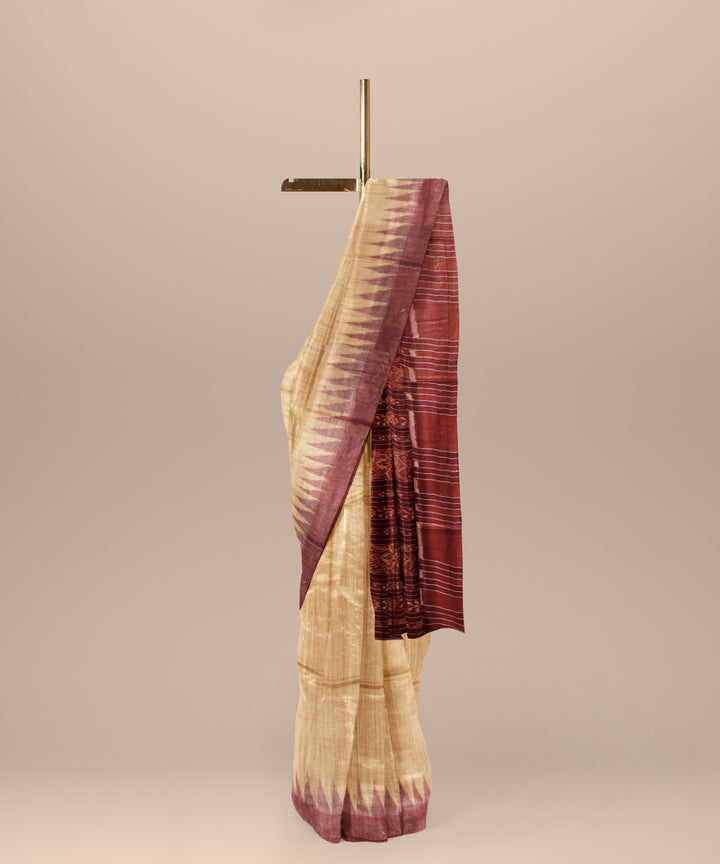 Beige maroon tussar silk handwoven gopalpur saree