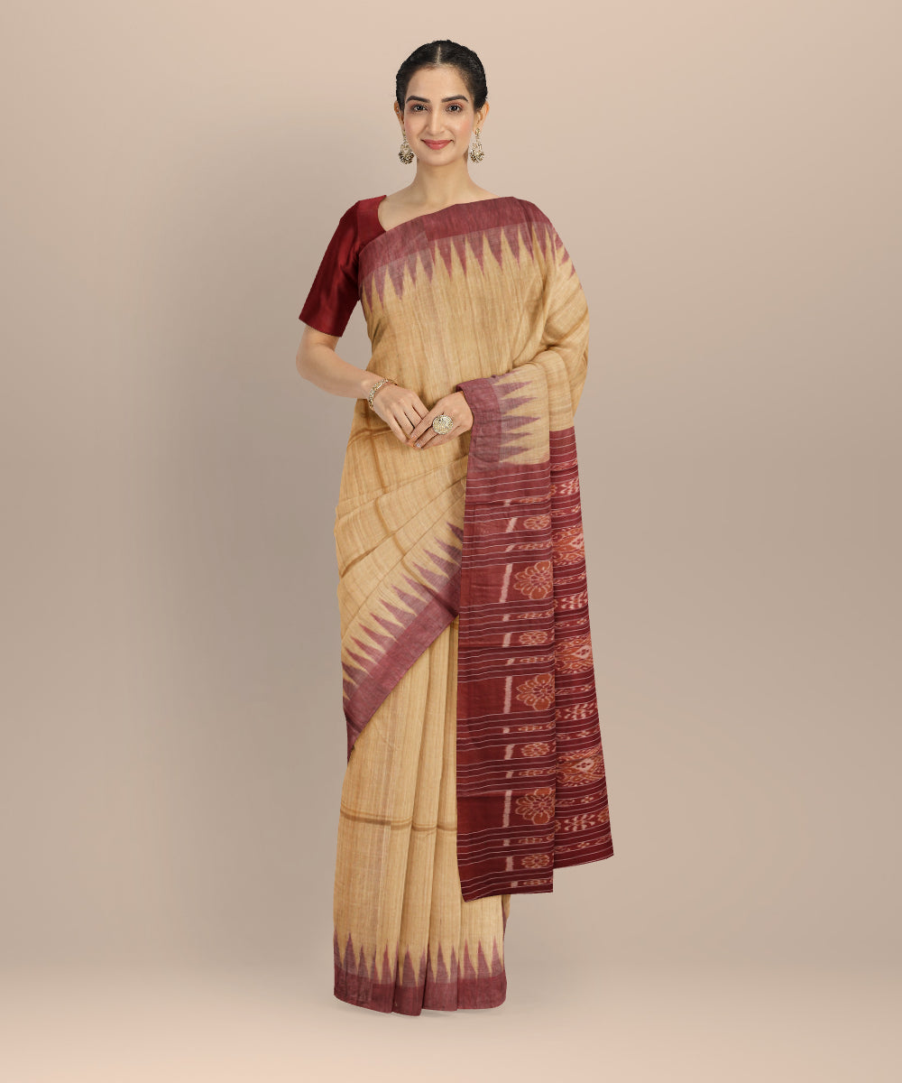 Beige maroon tussar silk handwoven gopalpur saree